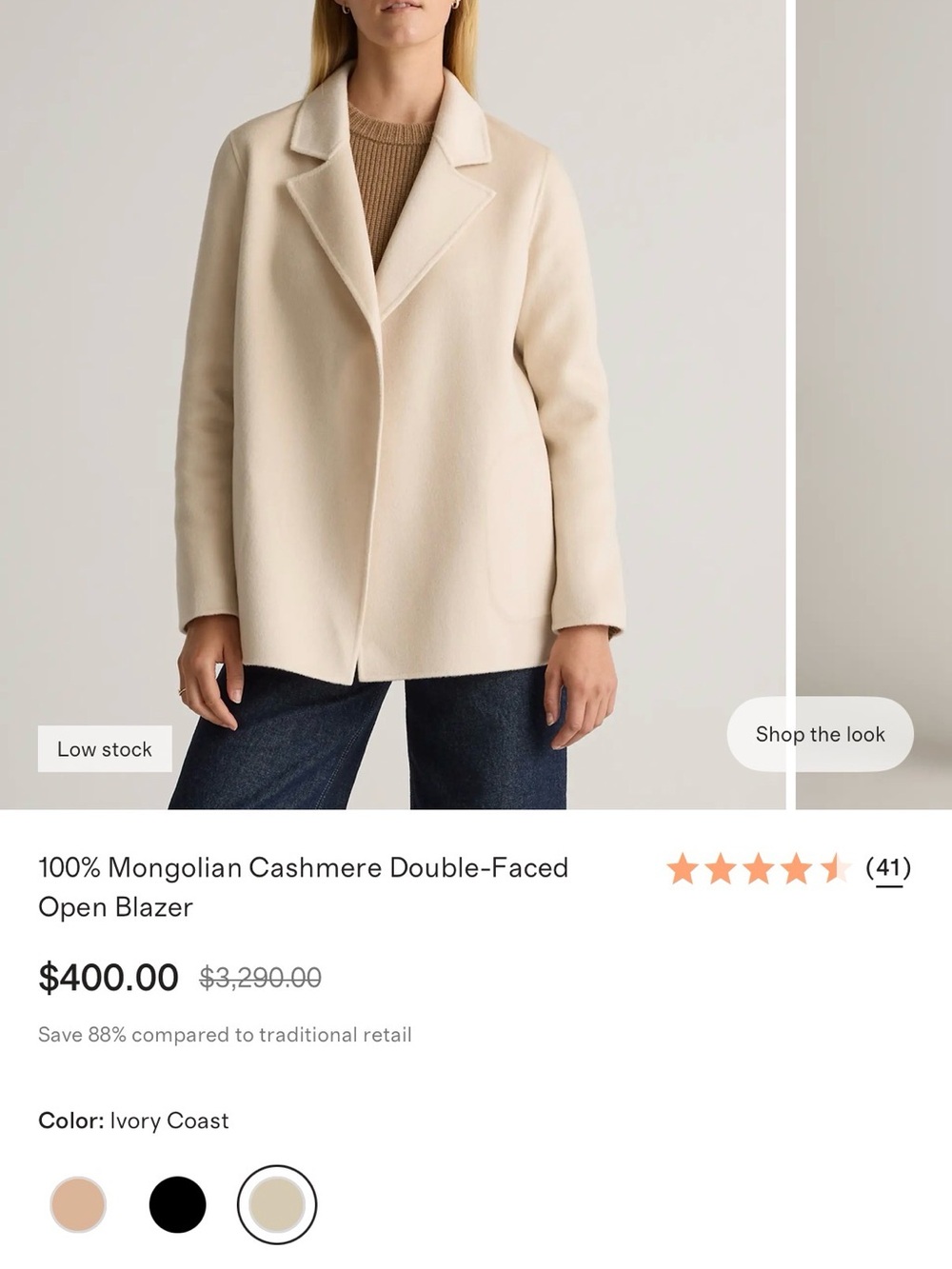 Quince Women's Cashmere Light Cream Open-Front Blazer Jacket